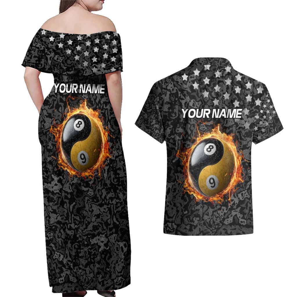 Personalized Yin Yang Billiards Couples Matching Off Shoulder Maxi Dress and Hawaiian Shirt 8 Ball and 9 Ball in Fiery Black Camo Pattern - Wonder Print Shop