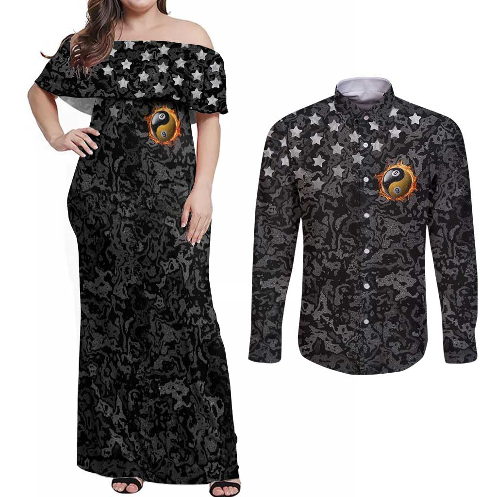 Personalized Yin Yang Billiards Couples Matching Off Shoulder Maxi Dress and Long Sleeve Button Shirt 8 Ball and 9 Ball in Fiery Black Camo Pattern - Wonder Print Shop
