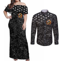 Personalized Yin Yang Billiards Couples Matching Off Shoulder Maxi Dress and Long Sleeve Button Shirt 8 Ball and 9 Ball in Fiery Black Camo Pattern - Wonder Print Shop