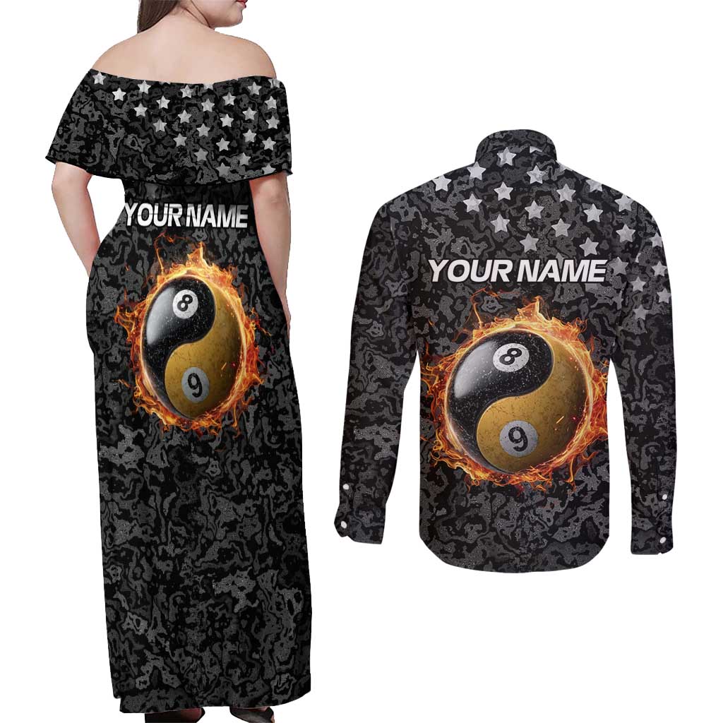 Personalized Yin Yang Billiards Couples Matching Off Shoulder Maxi Dress and Long Sleeve Button Shirt 8 Ball and 9 Ball in Fiery Black Camo Pattern - Wonder Print Shop