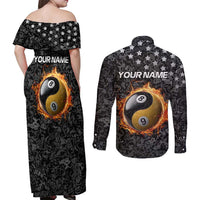 Personalized Yin Yang Billiards Couples Matching Off Shoulder Maxi Dress and Long Sleeve Button Shirt 8 Ball and 9 Ball in Fiery Black Camo Pattern - Wonder Print Shop