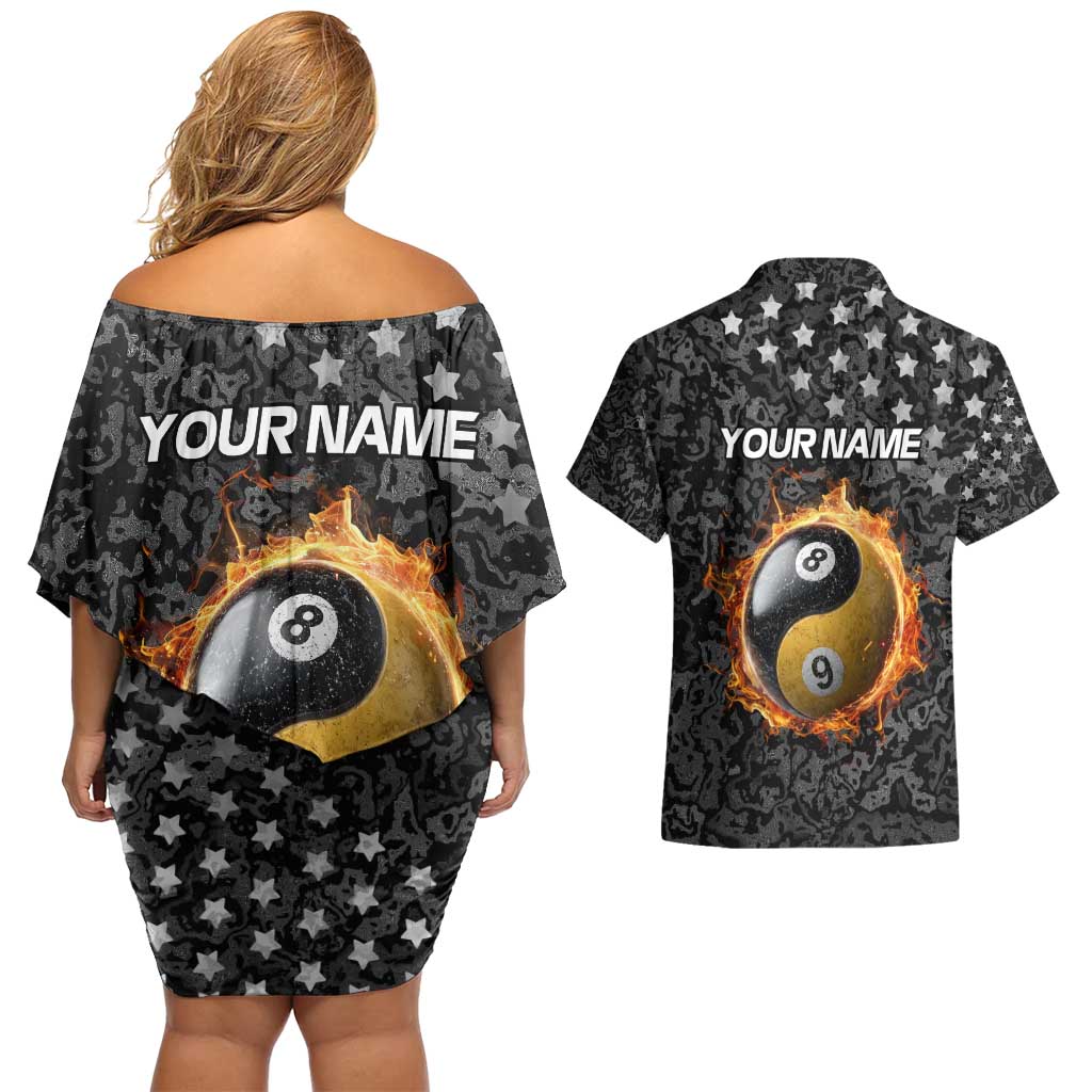 Personalized Yin Yang Billiards Couples Matching Off Shoulder Short Dress and Hawaiian Shirt 8 Ball and 9 Ball in Fiery Black Camo Pattern - Wonder Print Shop