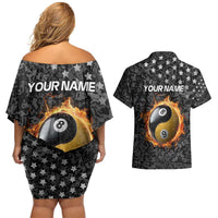 Personalized Yin Yang Billiards Couples Matching Off Shoulder Short Dress and Hawaiian Shirt 8 Ball and 9 Ball in Fiery Black Camo Pattern - Wonder Print Shop