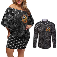 Personalized Yin Yang Billiards Couples Matching Off Shoulder Short Dress and Long Sleeve Button Shirt 8 Ball and 9 Ball in Fiery Black Camo Pattern - Wonder Print Shop