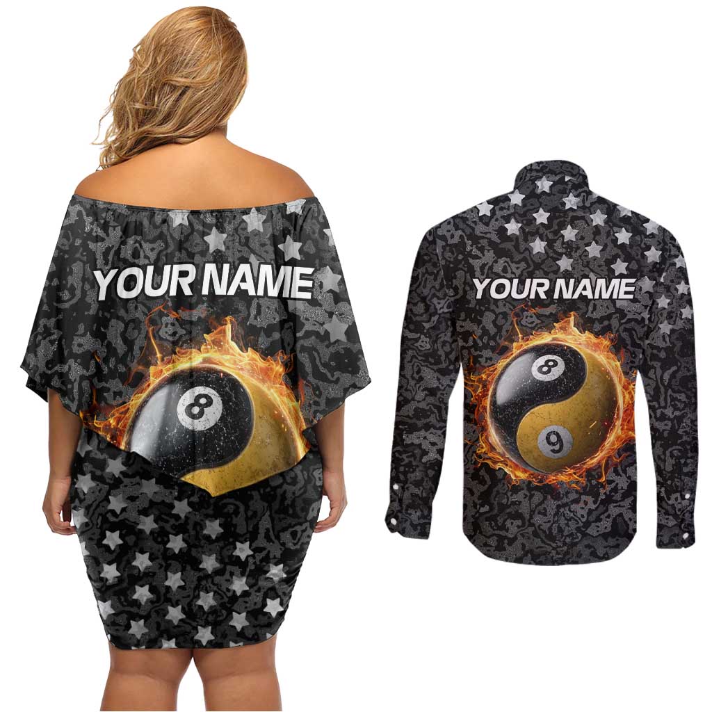 Personalized Yin Yang Billiards Couples Matching Off Shoulder Short Dress and Long Sleeve Button Shirt 8 Ball and 9 Ball in Fiery Black Camo Pattern - Wonder Print Shop