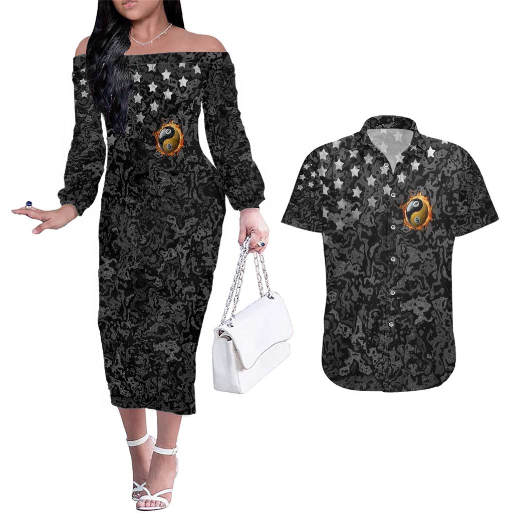 Personalized Yin Yang Billiards Couples Matching Off The Shoulder Long Sleeve Dress and Hawaiian Shirt 8 Ball and 9 Ball in Fiery Black Camo Pattern - Wonder Print Shop