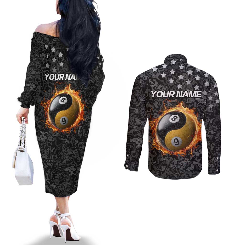 Personalized Yin Yang Billiards Couples Matching Off The Shoulder Long Sleeve Dress and Long Sleeve Button Shirt 8 Ball and 9 Ball in Fiery Black Camo Pattern - Wonder Print Shop