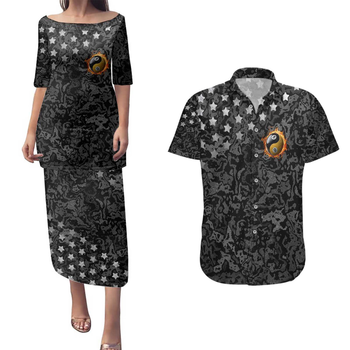 Personalized Yin Yang Billiards Couples Matching Puletasi and Hawaiian Shirt 8 Ball and 9 Ball in Fiery Black Camo Pattern - Wonder Print Shop