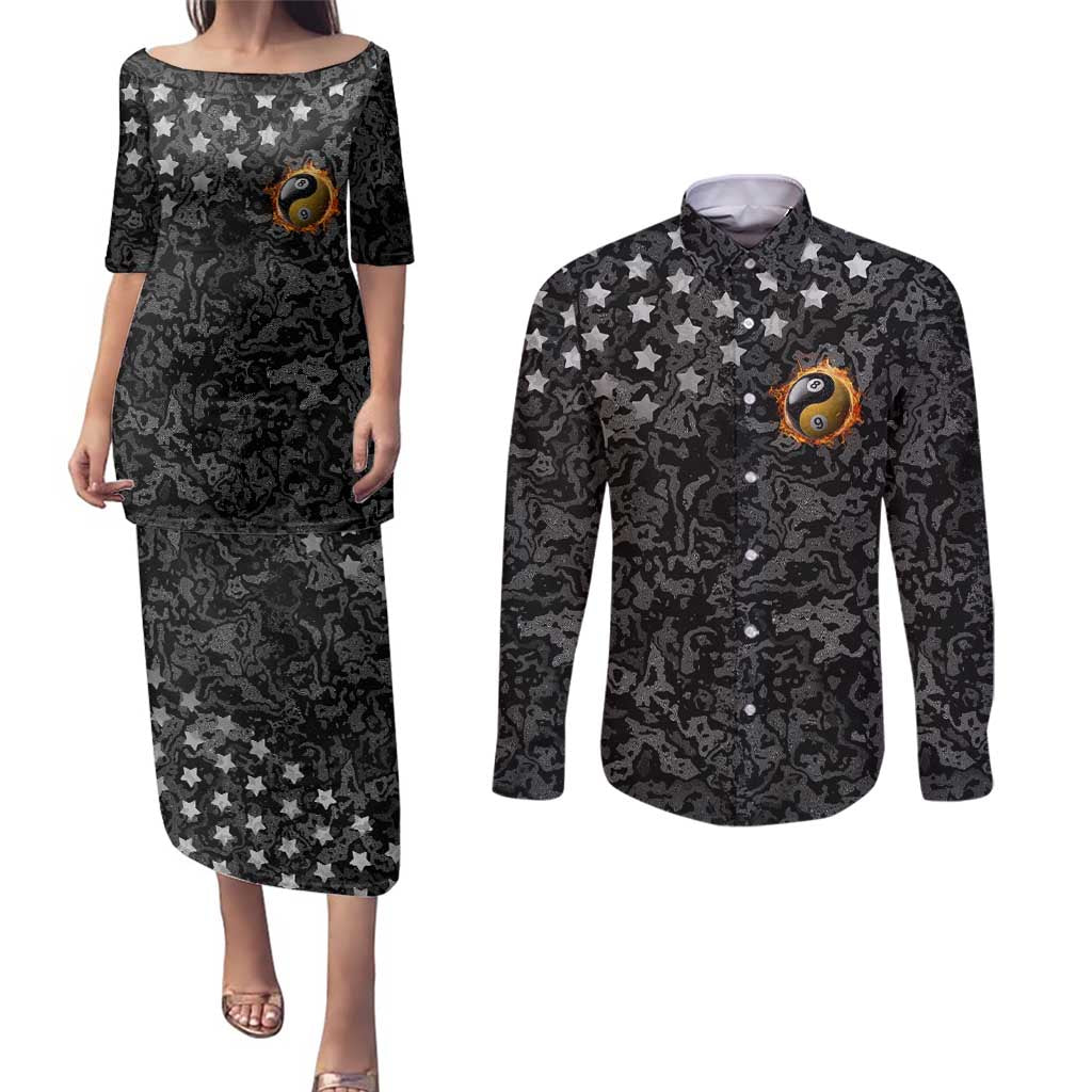 Personalized Yin Yang Billiards Couples Matching Puletasi and Long Sleeve Button Shirt 8 Ball and 9 Ball in Fiery Black Camo Pattern - Wonder Print Shop