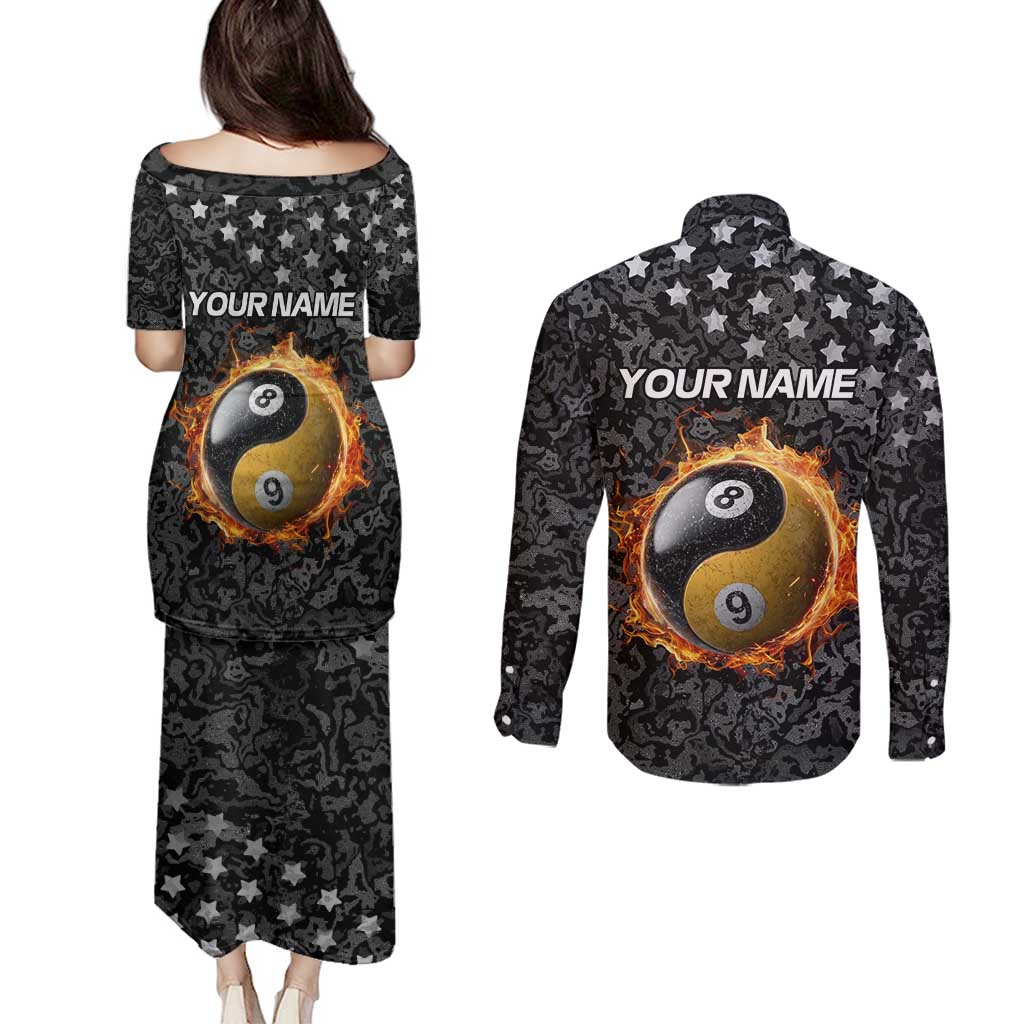 Personalized Yin Yang Billiards Couples Matching Puletasi and Long Sleeve Button Shirt 8 Ball and 9 Ball in Fiery Black Camo Pattern - Wonder Print Shop