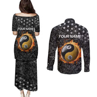 Personalized Yin Yang Billiards Couples Matching Puletasi and Long Sleeve Button Shirt 8 Ball and 9 Ball in Fiery Black Camo Pattern - Wonder Print Shop