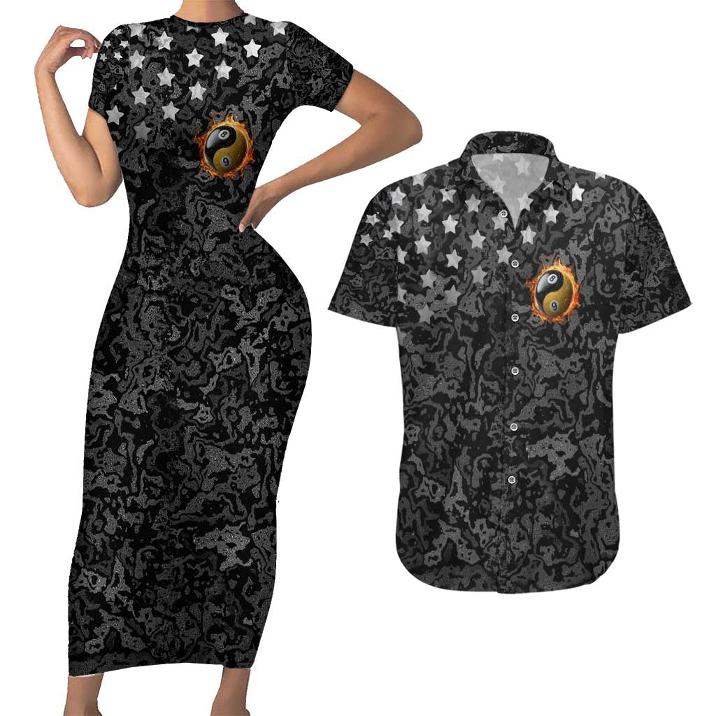 Personalized Yin Yang Billiards Couples Matching Short Sleeve Bodycon Dress and Hawaiian Shirt 8 Ball and 9 Ball in Fiery Black Camo Pattern - Wonder Print Shop