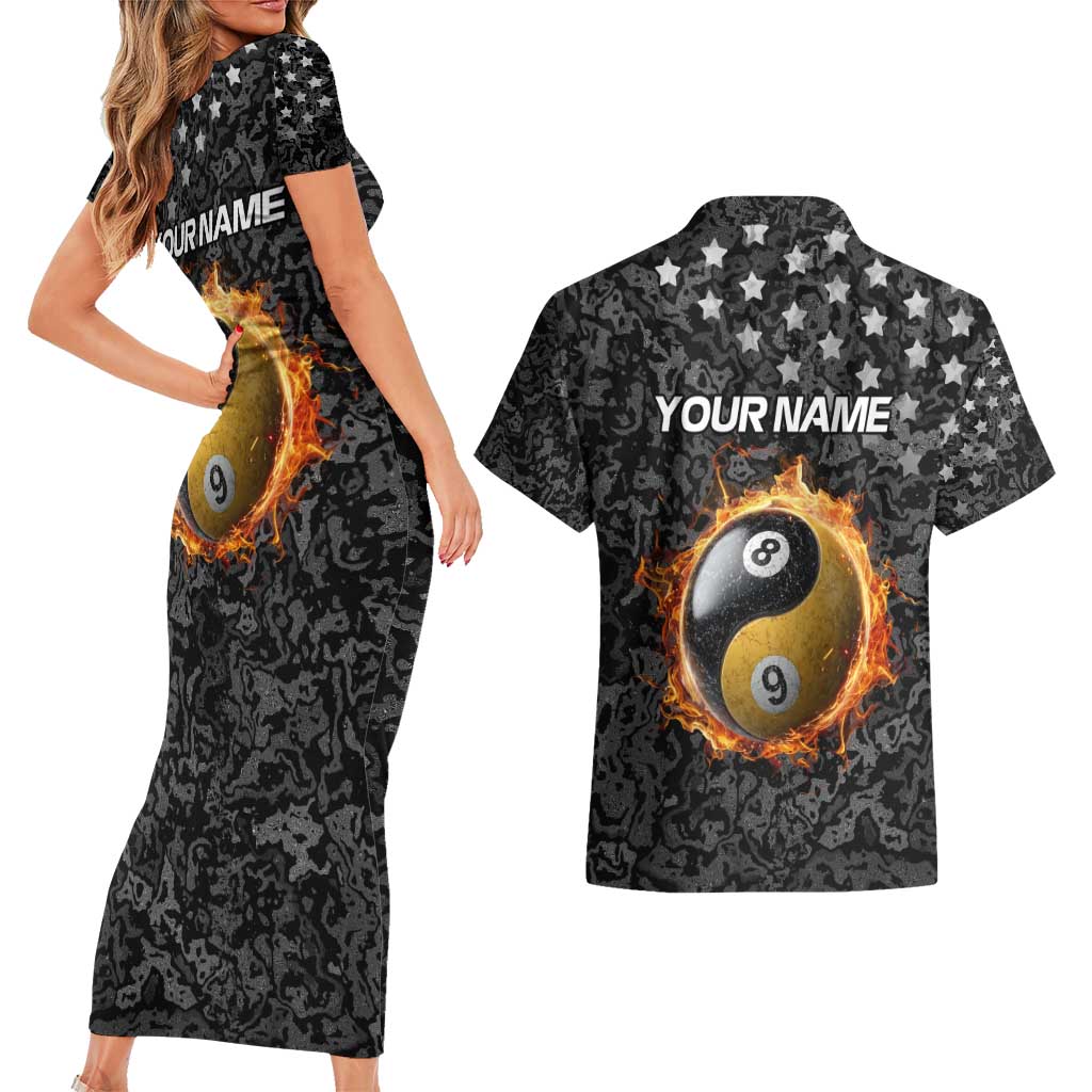 Personalized Yin Yang Billiards Couples Matching Short Sleeve Bodycon Dress and Hawaiian Shirt 8 Ball and 9 Ball in Fiery Black Camo Pattern - Wonder Print Shop