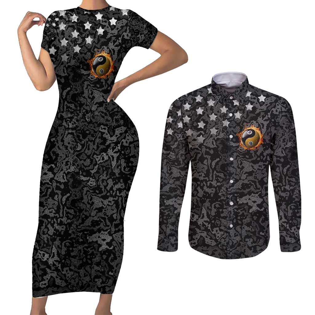Personalized Yin Yang Billiards Couples Matching Short Sleeve Bodycon Dress and Long Sleeve Button Shirt 8 Ball and 9 Ball in Fiery Black Camo Pattern - Wonder Print Shop