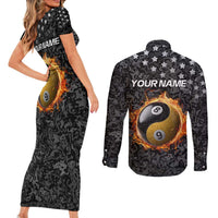 Personalized Yin Yang Billiards Couples Matching Short Sleeve Bodycon Dress and Long Sleeve Button Shirt 8 Ball and 9 Ball in Fiery Black Camo Pattern - Wonder Print Shop
