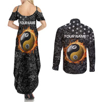 Personalized Yin Yang Billiards Couples Matching Summer Maxi Dress and Long Sleeve Button Shirt 8 Ball and 9 Ball in Fiery Black Camo Pattern - Wonder Print Shop