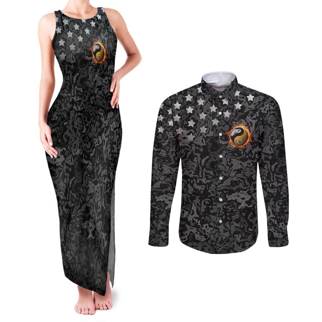 Personalized Yin Yang Billiards Couples Matching Tank Maxi Dress and Long Sleeve Button Shirt 8 Ball and 9 Ball in Fiery Black Camo Pattern - Wonder Print Shop