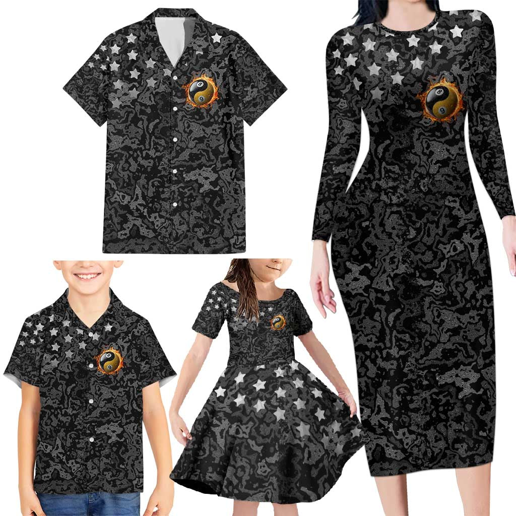 Personalized Yin Yang Billiards Family Matching Long Sleeve Bodycon Dress and Hawaiian Shirt 8 Ball and 9 Ball in Fiery Black Camo Pattern - Wonder Print Shop