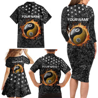 Personalized Yin Yang Billiards Family Matching Long Sleeve Bodycon Dress and Hawaiian Shirt 8 Ball and 9 Ball in Fiery Black Camo Pattern - Wonder Print Shop