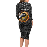 Personalized Yin Yang Billiards Family Matching Long Sleeve Bodycon Dress and Hawaiian Shirt 8 Ball and 9 Ball in Fiery Black Camo Pattern - Wonder Print Shop