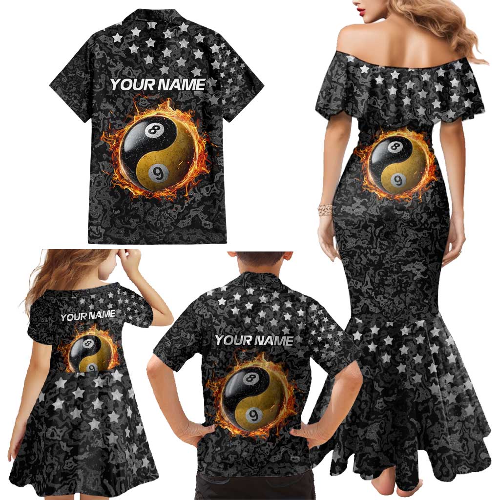 Personalized Yin Yang Billiards Family Matching Mermaid Dress and Hawaiian Shirt 8 Ball and 9 Ball in Fiery Black Camo Pattern - Wonder Print Shop