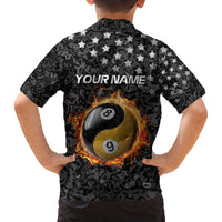 Personalized Yin Yang Billiards Family Matching Off The Shoulder Long Sleeve Dress and Hawaiian Shirt 8 Ball and 9 Ball in Fiery Black Camo Pattern - Wonder Print Shop