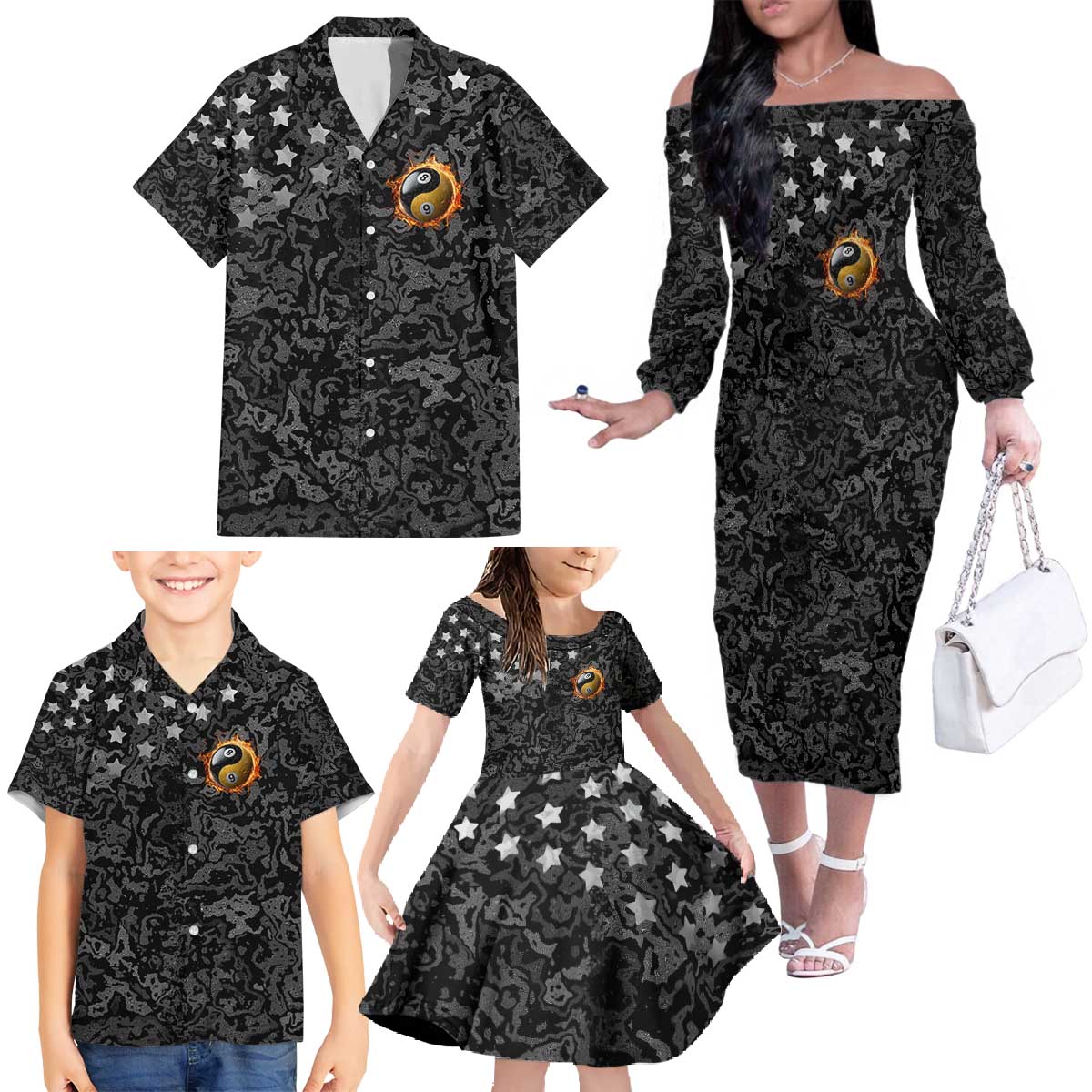 Personalized Yin Yang Billiards Family Matching Off The Shoulder Long Sleeve Dress and Hawaiian Shirt 8 Ball and 9 Ball in Fiery Black Camo Pattern - Wonder Print Shop