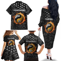Personalized Yin Yang Billiards Family Matching Off The Shoulder Long Sleeve Dress and Hawaiian Shirt 8 Ball and 9 Ball in Fiery Black Camo Pattern - Wonder Print Shop