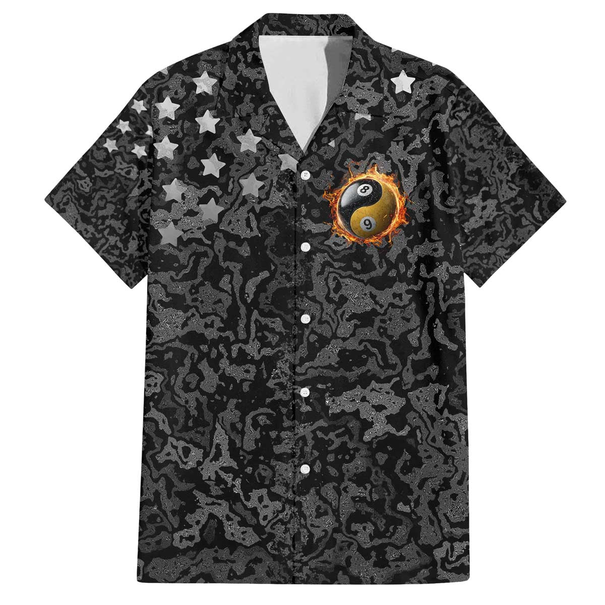 Personalized Yin Yang Billiards Family Matching Off The Shoulder Long Sleeve Dress and Hawaiian Shirt 8 Ball and 9 Ball in Fiery Black Camo Pattern - Wonder Print Shop