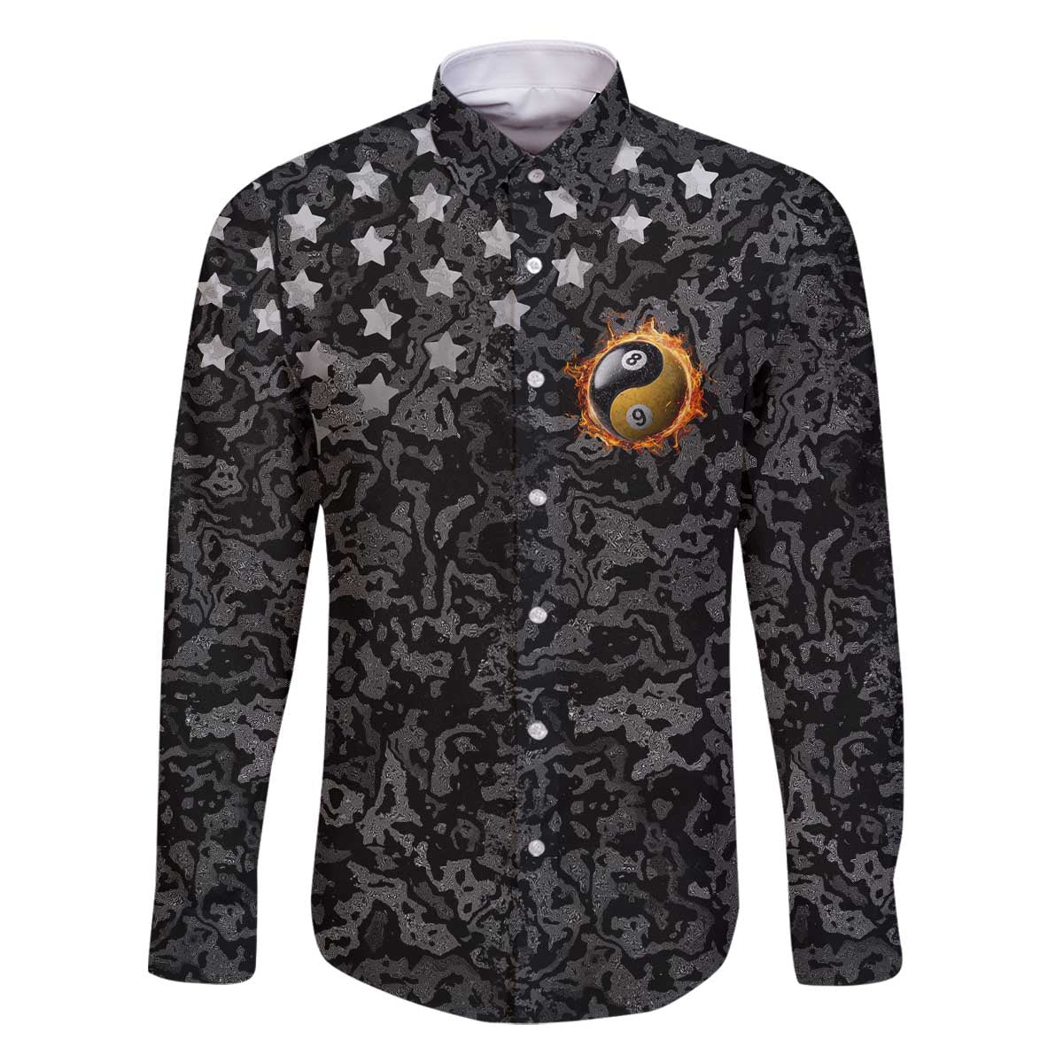 Personalized Yin Yang Billiards Family Matching Off The Shoulder Long Sleeve Dress and Hawaiian Shirt 8 Ball and 9 Ball in Fiery Black Camo Pattern - Wonder Print Shop