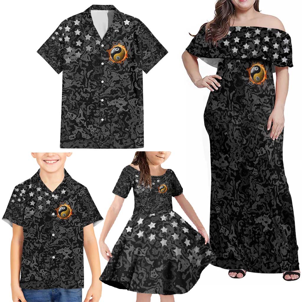 Personalized Yin Yang Billiards Family Matching Off Shoulder Maxi Dress and Hawaiian Shirt 8 Ball and 9 Ball in Fiery Black Camo Pattern - Wonder Print Shop
