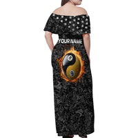 Personalized Yin Yang Billiards Family Matching Off Shoulder Maxi Dress and Hawaiian Shirt 8 Ball and 9 Ball in Fiery Black Camo Pattern - Wonder Print Shop