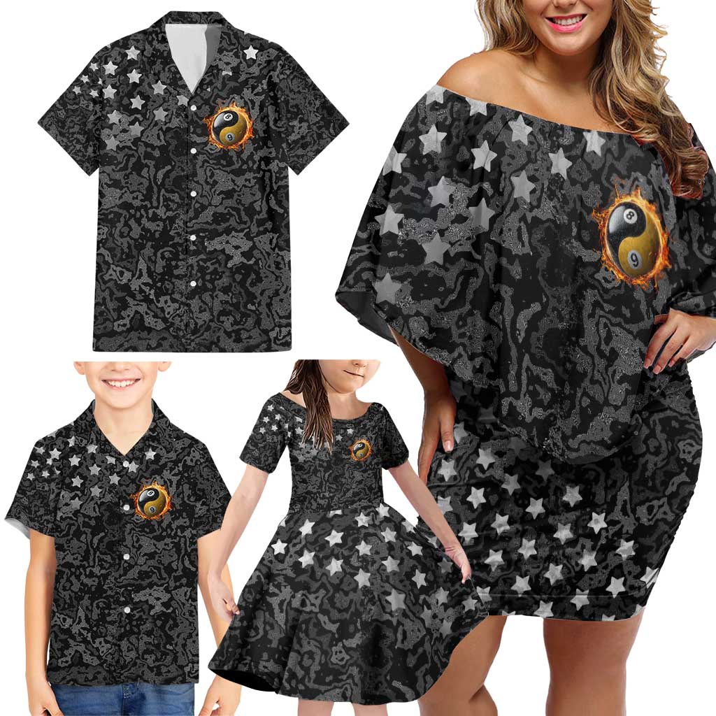 Personalized Yin Yang Billiards Family Matching Off Shoulder Short Dress and Hawaiian Shirt 8 Ball and 9 Ball in Fiery Black Camo Pattern - Wonder Print Shop