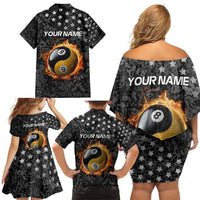 Personalized Yin Yang Billiards Family Matching Off Shoulder Short Dress and Hawaiian Shirt 8 Ball and 9 Ball in Fiery Black Camo Pattern - Wonder Print Shop