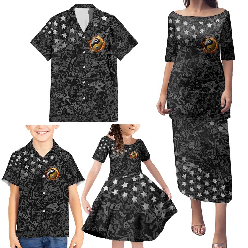 Personalized Yin Yang Billiards Family Matching Puletasi and Hawaiian Shirt 8 Ball and 9 Ball in Fiery Black Camo Pattern - Wonder Print Shop