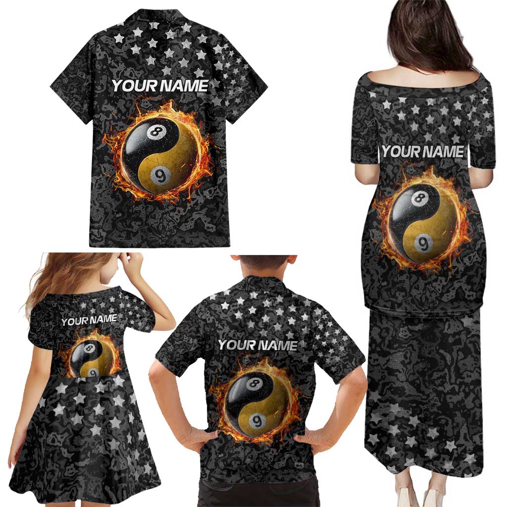 Personalized Yin Yang Billiards Family Matching Puletasi and Hawaiian Shirt 8 Ball and 9 Ball in Fiery Black Camo Pattern - Wonder Print Shop