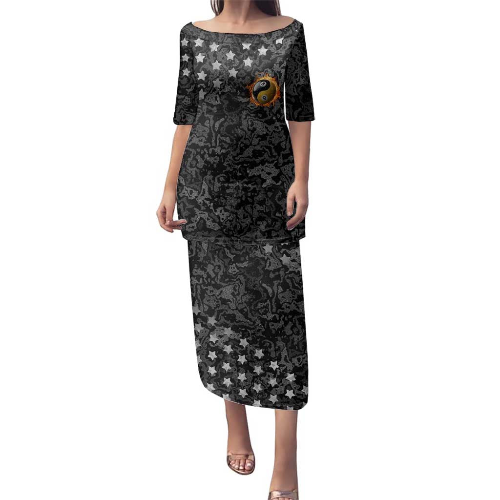 Personalized Yin Yang Billiards Family Matching Puletasi and Hawaiian Shirt 8 Ball and 9 Ball in Fiery Black Camo Pattern - Wonder Print Shop