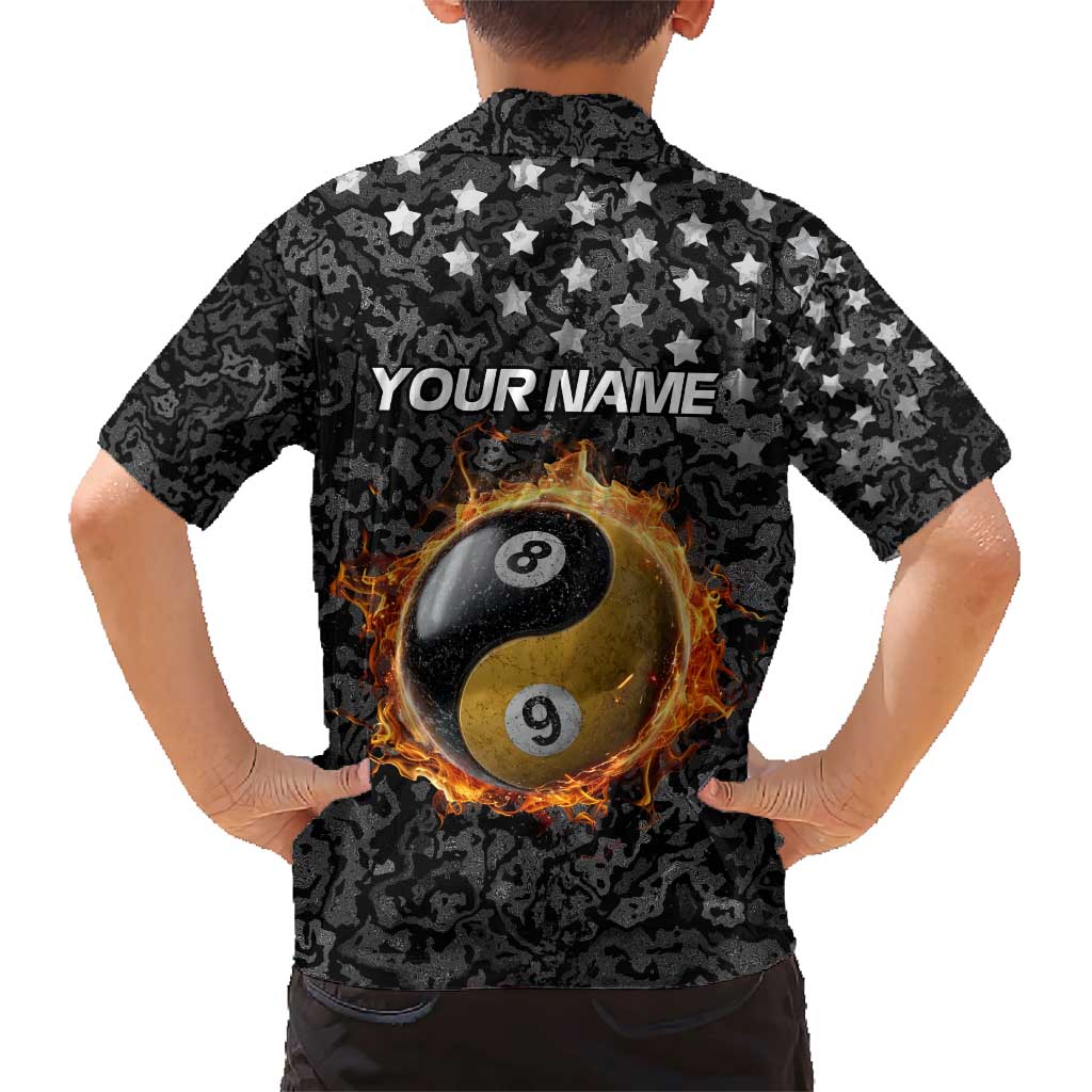 Personalized Yin Yang Billiards Family Matching Short Sleeve Bodycon Dress and Hawaiian Shirt 8 Ball and 9 Ball in Fiery Black Camo Pattern - Wonder Print Shop