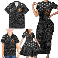 Personalized Yin Yang Billiards Family Matching Short Sleeve Bodycon Dress and Hawaiian Shirt 8 Ball and 9 Ball in Fiery Black Camo Pattern - Wonder Print Shop