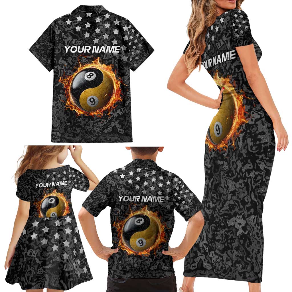 Personalized Yin Yang Billiards Family Matching Short Sleeve Bodycon Dress and Hawaiian Shirt 8 Ball and 9 Ball in Fiery Black Camo Pattern - Wonder Print Shop