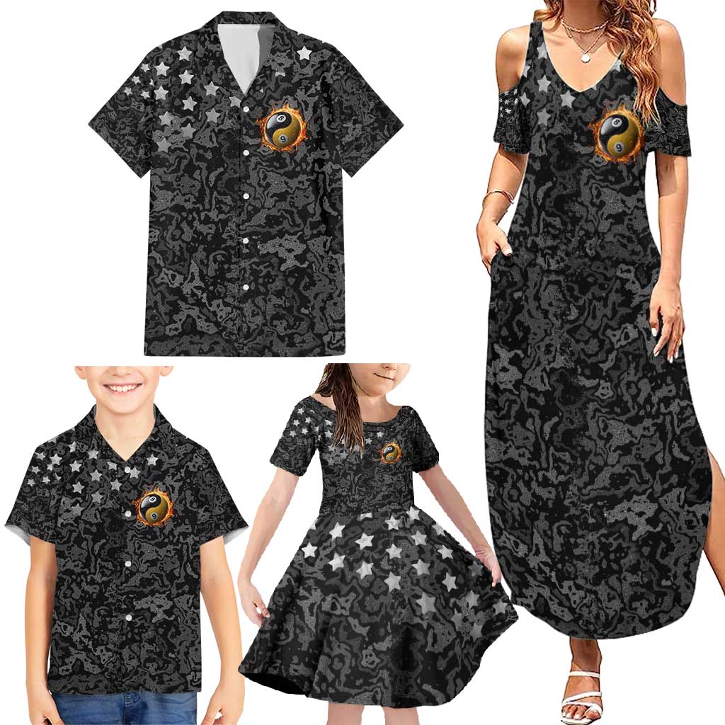 Personalized Yin Yang Billiards Family Matching Summer Maxi Dress and Hawaiian Shirt 8 Ball and 9 Ball in Fiery Black Camo Pattern - Wonder Print Shop