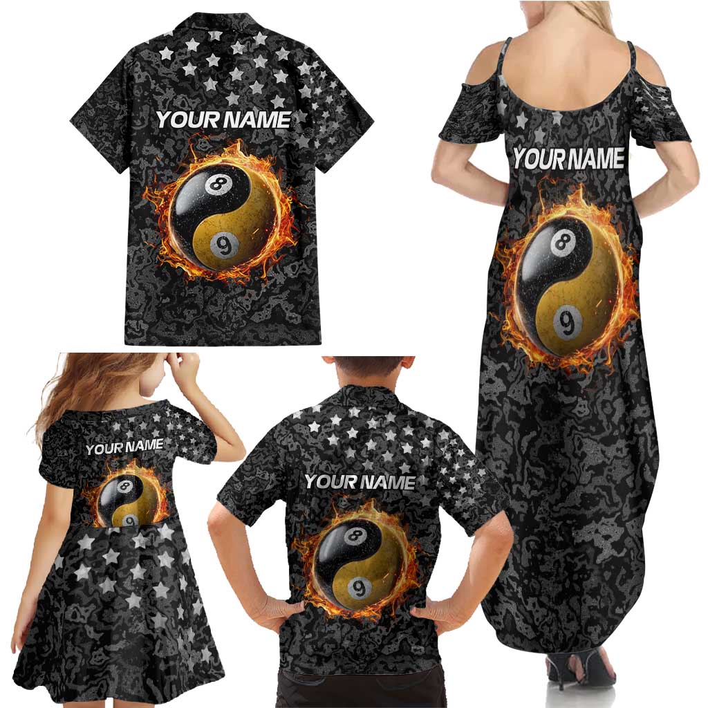 Personalized Yin Yang Billiards Family Matching Summer Maxi Dress and Hawaiian Shirt 8 Ball and 9 Ball in Fiery Black Camo Pattern - Wonder Print Shop