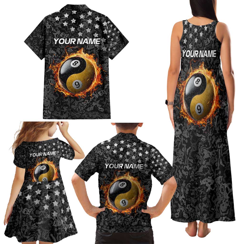 Personalized Yin Yang Billiards Family Matching Tank Maxi Dress and Hawaiian Shirt 8 Ball and 9 Ball in Fiery Black Camo Pattern - Wonder Print Shop