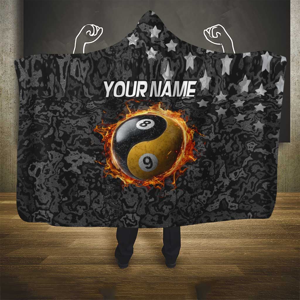 Personalized Yin Yang Billiards Hooded Blanket 8 Ball and 9 Ball in Fiery Black Camo Pattern - Wonder Print Shop