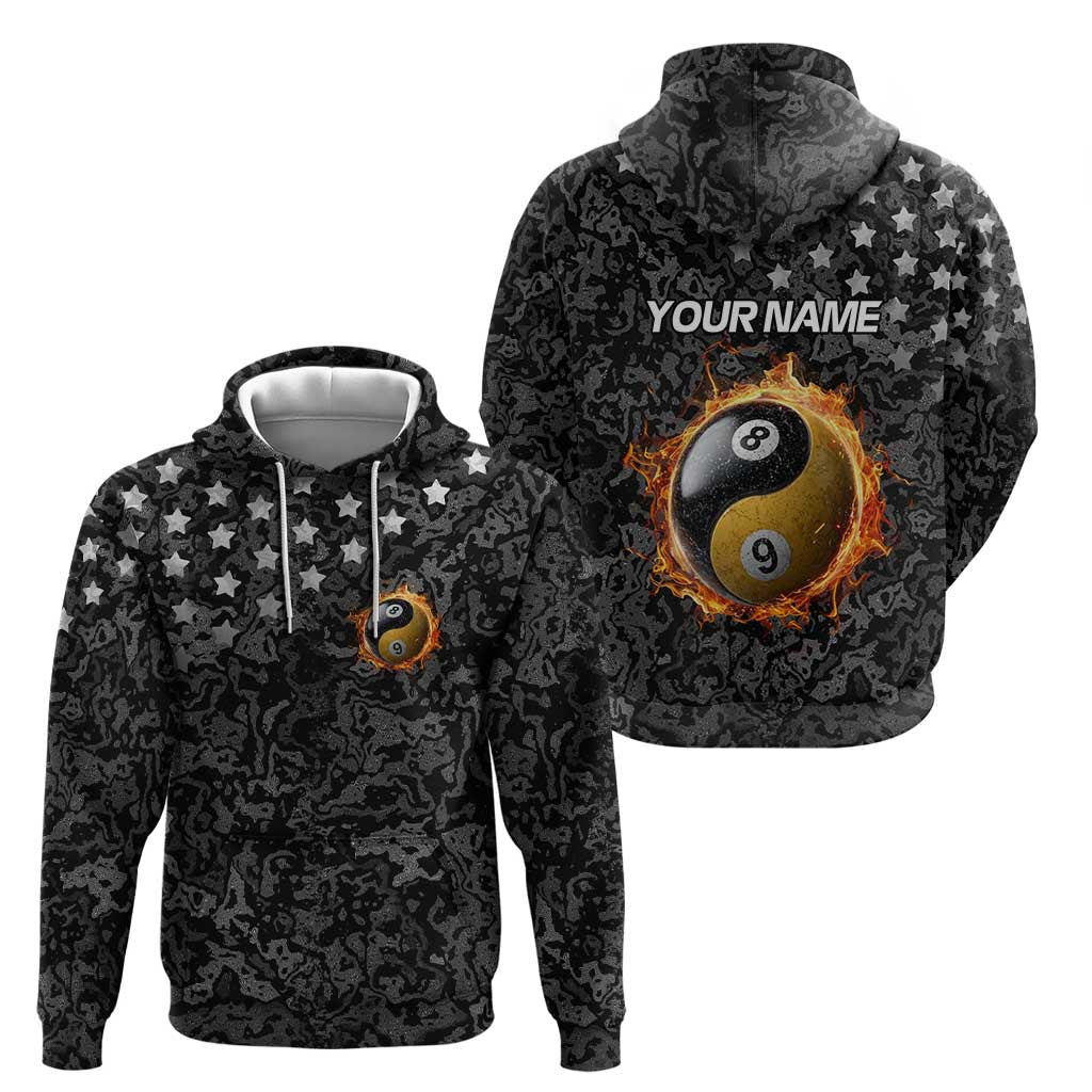 Personalized Yin Yang Billiards Hoodie 8 Ball and 9 Ball in Fiery Black Camo Pattern - Wonder Print Shop