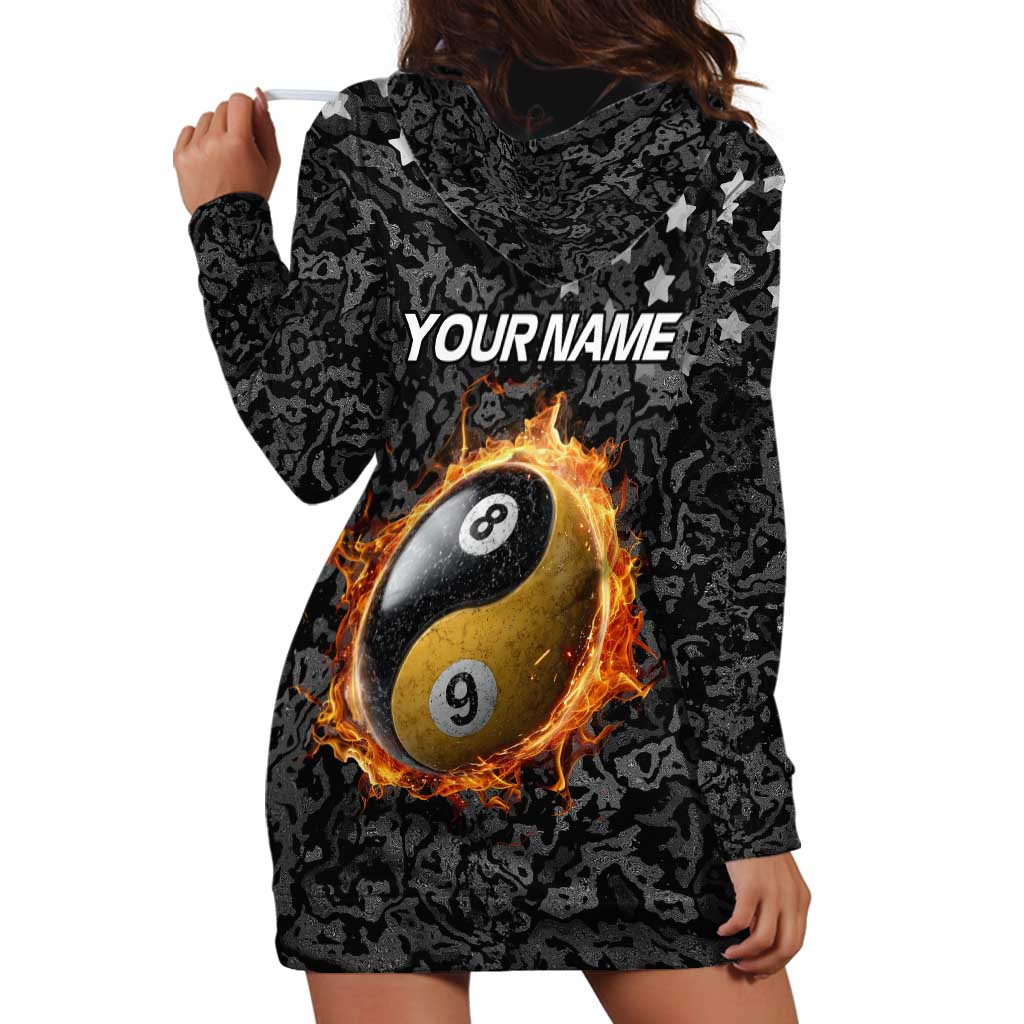 Personalized Yin Yang Billiards Hoodie Dress 8 Ball and 9 Ball in Fiery Black Camo Pattern - Wonder Print Shop