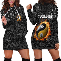 Personalized Yin Yang Billiards Hoodie Dress 8 Ball and 9 Ball in Fiery Black Camo Pattern - Wonder Print Shop