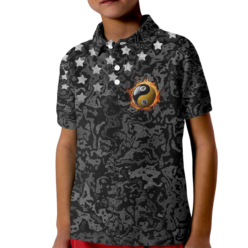 Personalized Yin Yang Billiards Kid Polo Shirt 8 Ball and 9 Ball in Fiery Black Camo Pattern - Wonder Print Shop