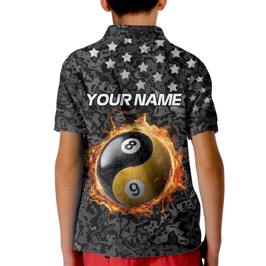 Personalized Yin Yang Billiards Kid Polo Shirt 8 Ball and 9 Ball in Fiery Black Camo Pattern - Wonder Print Shop