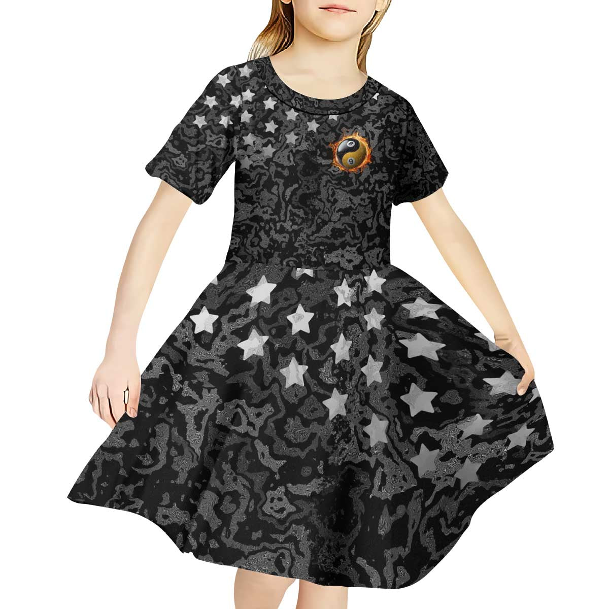 Personalized Yin Yang Billiards Kid Short Sleeve Dress 8 Ball and 9 Ball in Fiery Black Camo Pattern - Wonder Print Shop